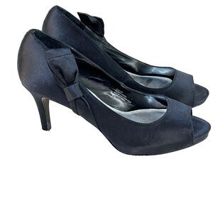 White House Black Market Womens Black Pump Heels 6.5M Stiletto Bow Tie Open Toe